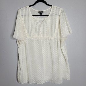 Lane Bryant pleated flutter sleeve blouse dark academia ivory sheer sz 26/28
